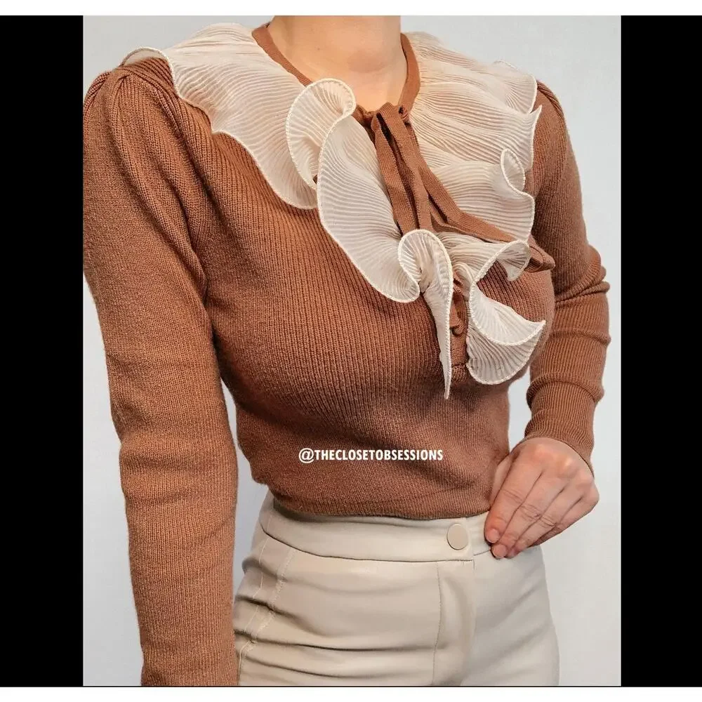 ZARA Knit Top with Ruffle Tie NWT | Brown Long Sleeve Contrast Collar M